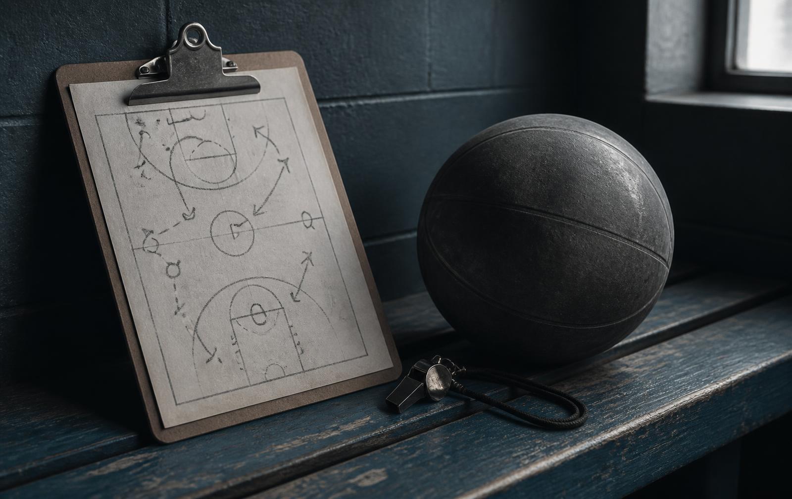 A hand-drawn play diagram on a clipboard beside a whistle and a worn ball on a gym bench