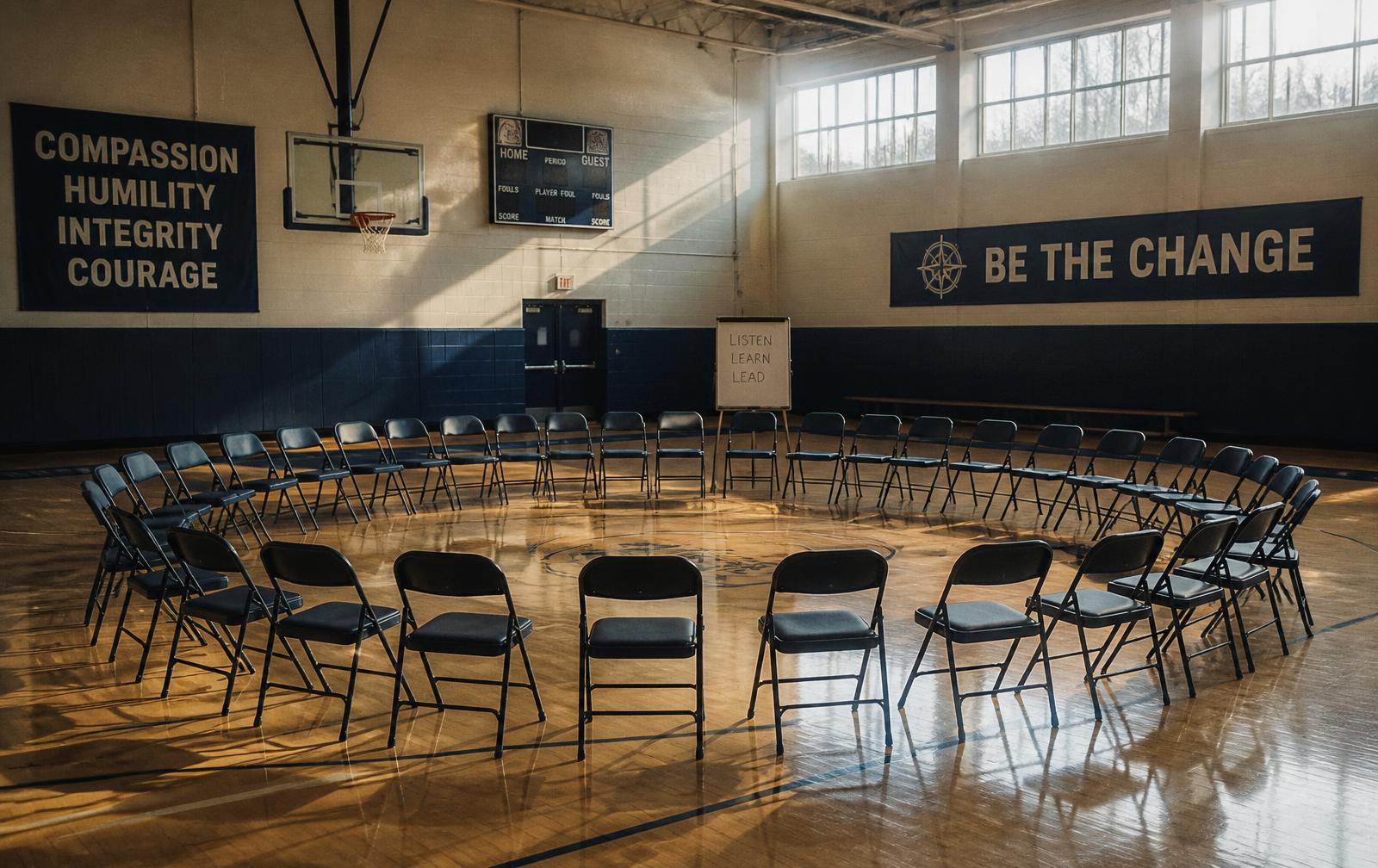 A circle of chairs on a gym floor set up before a leadership session