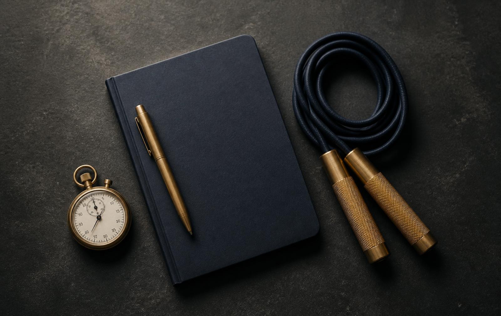 A notebook, pen, stopwatch, and jump rope arranged on a desk